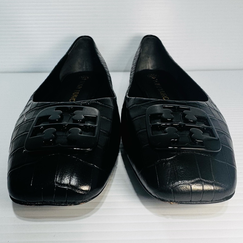 Tory Burch Georgia Black Snake Print Leather Square Toe Ballet Flats Size 9 1/2 - Picture 4 of 12
